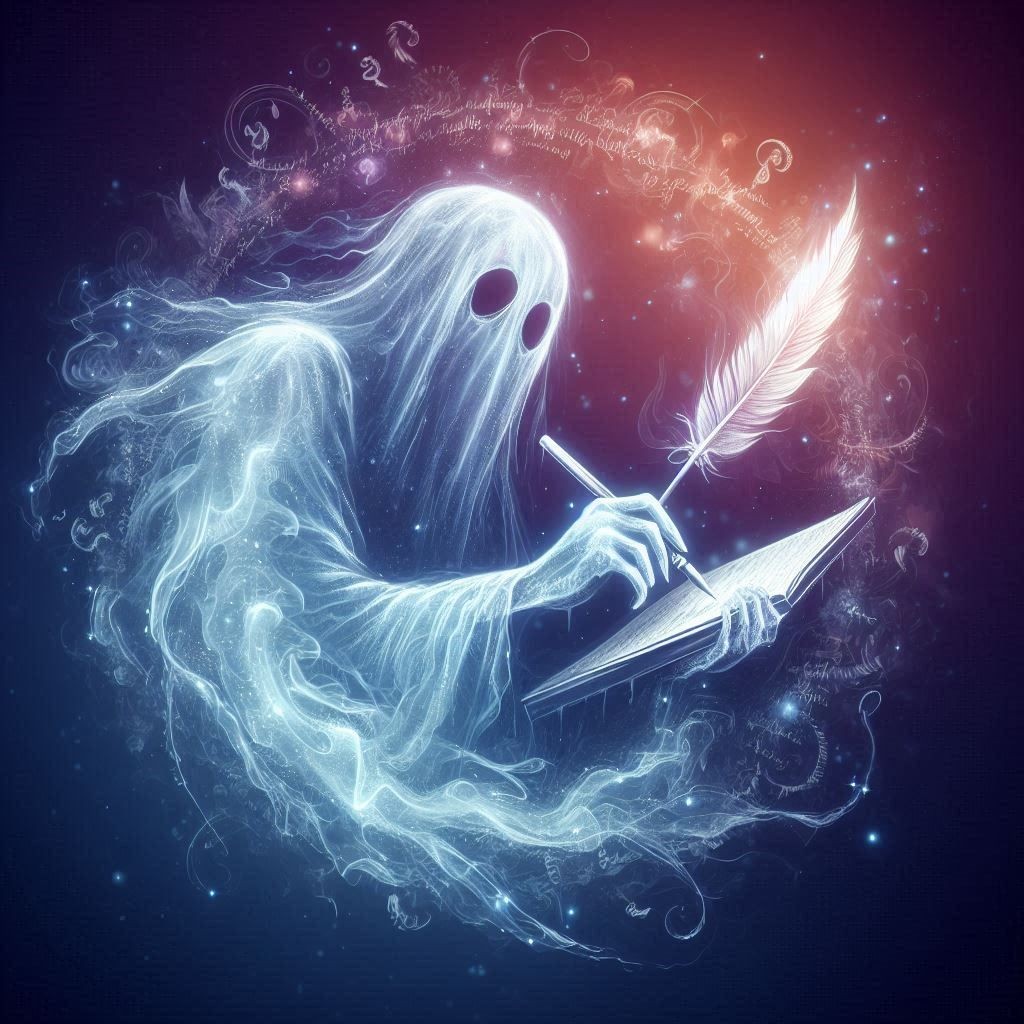 Transparent ghost writing in a book with a quill, surrounded by magical symbols and glowing light.