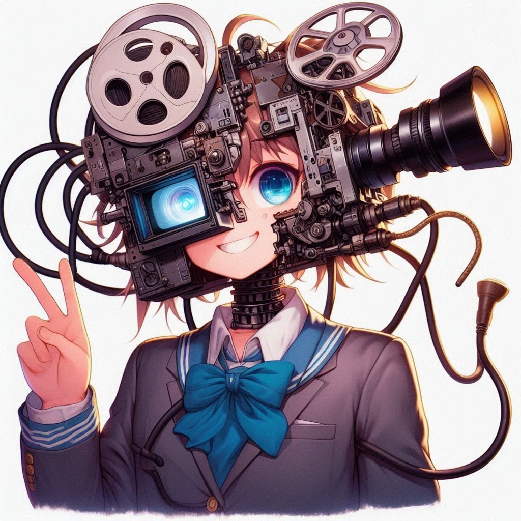 Anime character with a camera and film reels as head, smiling and gesturing peace sign.